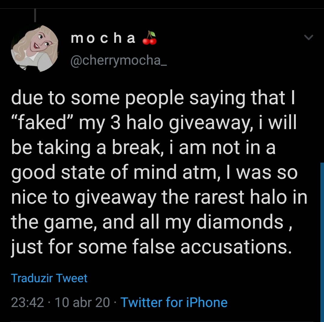 Playing the victim straight up You need to be this low to get followers dont you?This is why I say: be careful joining giveaways that look too good to be true.This girl joined Twitter and made a giveaway right away of THREE HALOS AND THOUSANDS OF DIAMONDS!Sounds fishy.