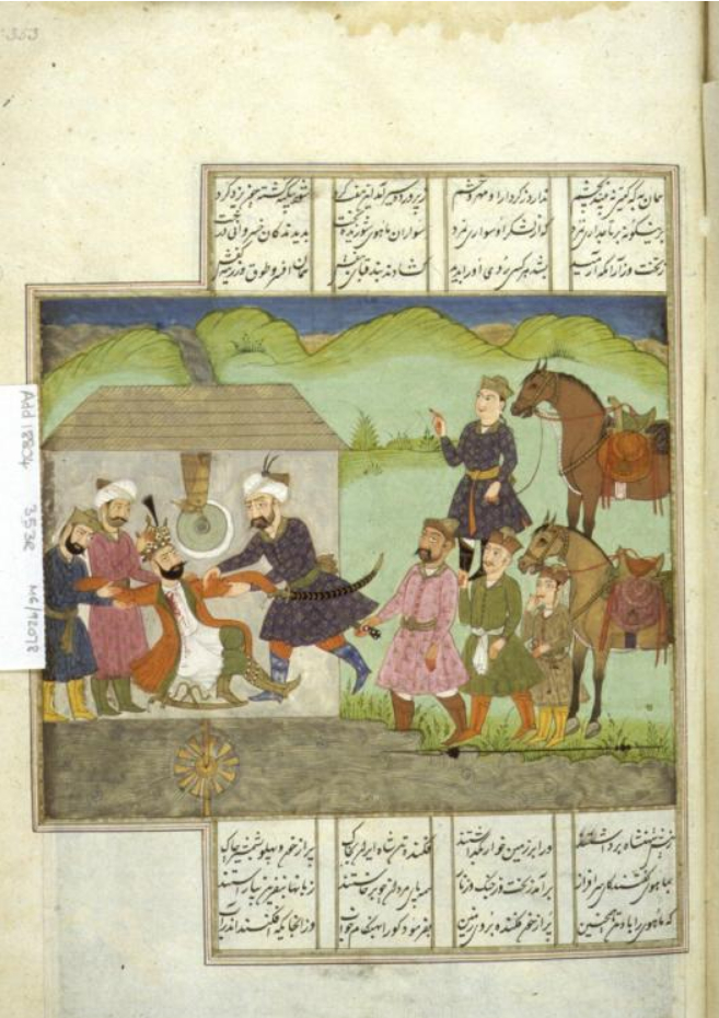 He found refuge in a mill, but the miller found Yazdgird hiding and, having heard about a reward on his head, either reported the emperor to Mahawayh or killed him himself. In many versions, Yazdgird's jewelry was a dead giveaway. illustration 1719, Punjab British Library. rh 7/