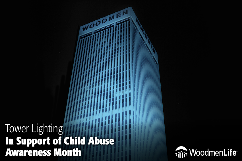 WoodmenLife's tweet photo. Tonight we will #LightWoodmenLifeTower blue for Child Abuse Awareness Month. We're proud to bring awareness to this cause and support organizations like @ProjectHarmony2 that support children all year long. #BeSomeone #SpeakingOfChildren Learn more: https://t.co/mxHFpRpF65 https://t.co/cdMJhIs7yE