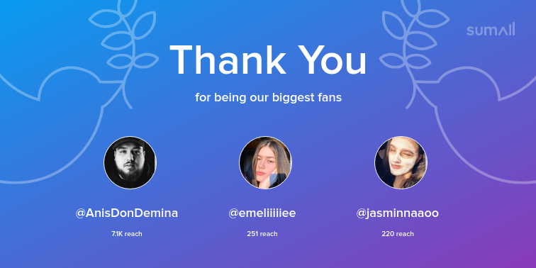 Our biggest fans this week: AnisDonDemina, emeliiiiiee, jasminnaaoo. Thank you! via sumall.com/thankyou?utm_s…