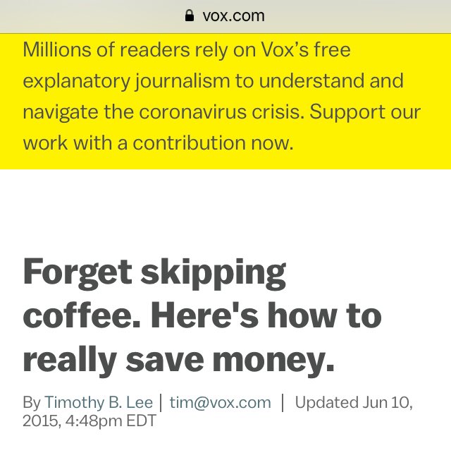 CNN is calling it a landslide for “yes” with less than 10% of votes in. This thread will collect my favorite Vox moments since 2014 when after six years of near 0 interest rates the fed the market was finally ripe for a publication to sell financial products to millennial libs 1/  https://twitter.com/neoliberal_dad/status/1248747172318842880