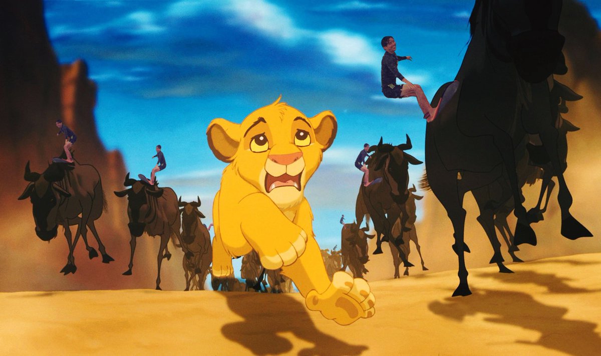 -> justin min surfing on this herd of wildebeests-i can’t believe justin killed mufasa. what a bastard.