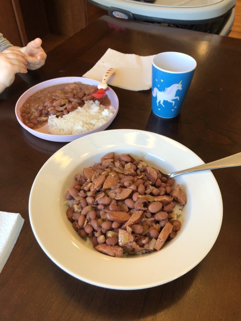 joeluck_unl's tweet photo. @eriningram Done! Red beans and rice! Threw in some Louisiana hot sauce for effect. My 3 yr old daughter even cleaned her plate which is sayin’ something! #NOLA #rememberingron (PS unicorn cup may or may not be mine 😂) https://t.co/jriZGwGcmL