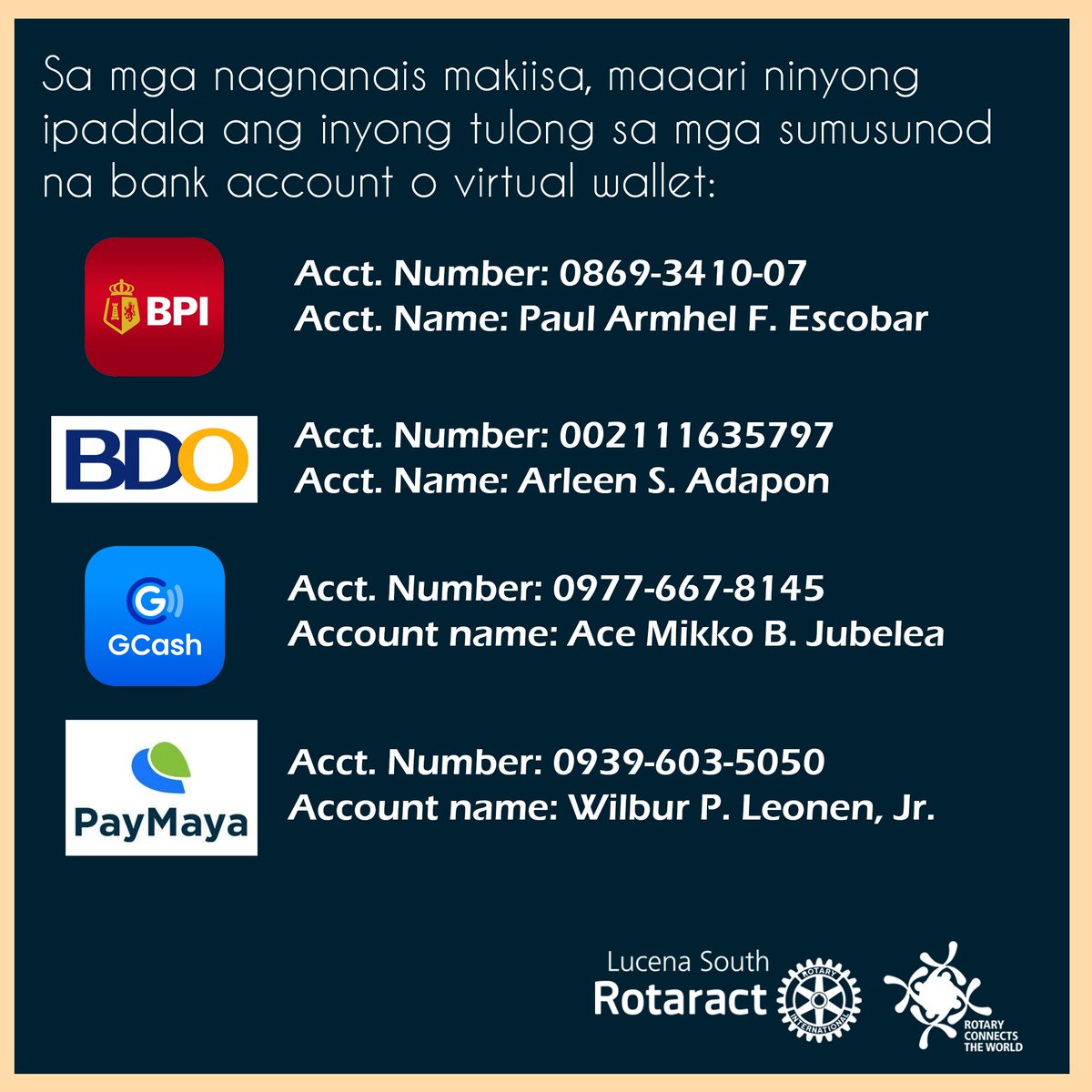 Sa pangunguna ng Rotaract Club of Lucena South, hinihikayat namin ang bawat isa na makiisa sa aming bayanihan na tinatawag na PROYEKTONG MAY MALASAKIT.
#Rotaract
#RotaryConnectsTheWorld
#RID3820
#RotaractClubofLucenaSouth
#RACLS
#TatakLucenaSouth
#BrillianceThatNeverFadesat20