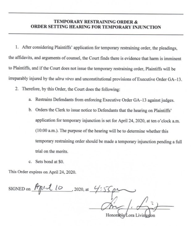 Here’s Judge Lora Livingston’s 2-week temporary injunction halting Texas Governor  @GregAbbott_TX’s order that made it illegal for judges to release some inmates on reduced bonds during a historic pandemic.