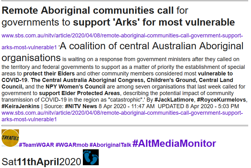 WgarNews's tweet photo. #RemoteAboriginalCommunities #CallForGovts to support '#Arks' for #mostVulnerable | By #JackLatimore, #RoyceKurmelovs, #KeiraJenkins | #NITV https://t.co/WvIwPyVBGG | 11Apr20 #COVID19Aus impacts #VulnerableAboriginalCommunities | #TraumaSupport via #NSPTRP https://t.co/1IOlkUZS4J https://t.co/uZRpYUPu0n