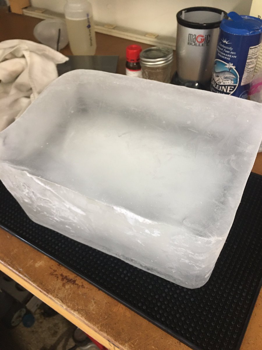 While the tonic chills, start cleaning up and cook dinner. Bring out your ice block and temper it by allowing the surface to warm at room temp. When it looks wet, it’s ready.