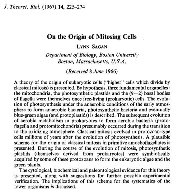 Margulis faced widespread criticism, and her classic 1967 paper was rejected by 15 journals before finally appearing in the Journal of Theoretical Biology. The 56-page article remains eminently readable today and IMO is one of the most important papers of 20th century biology.