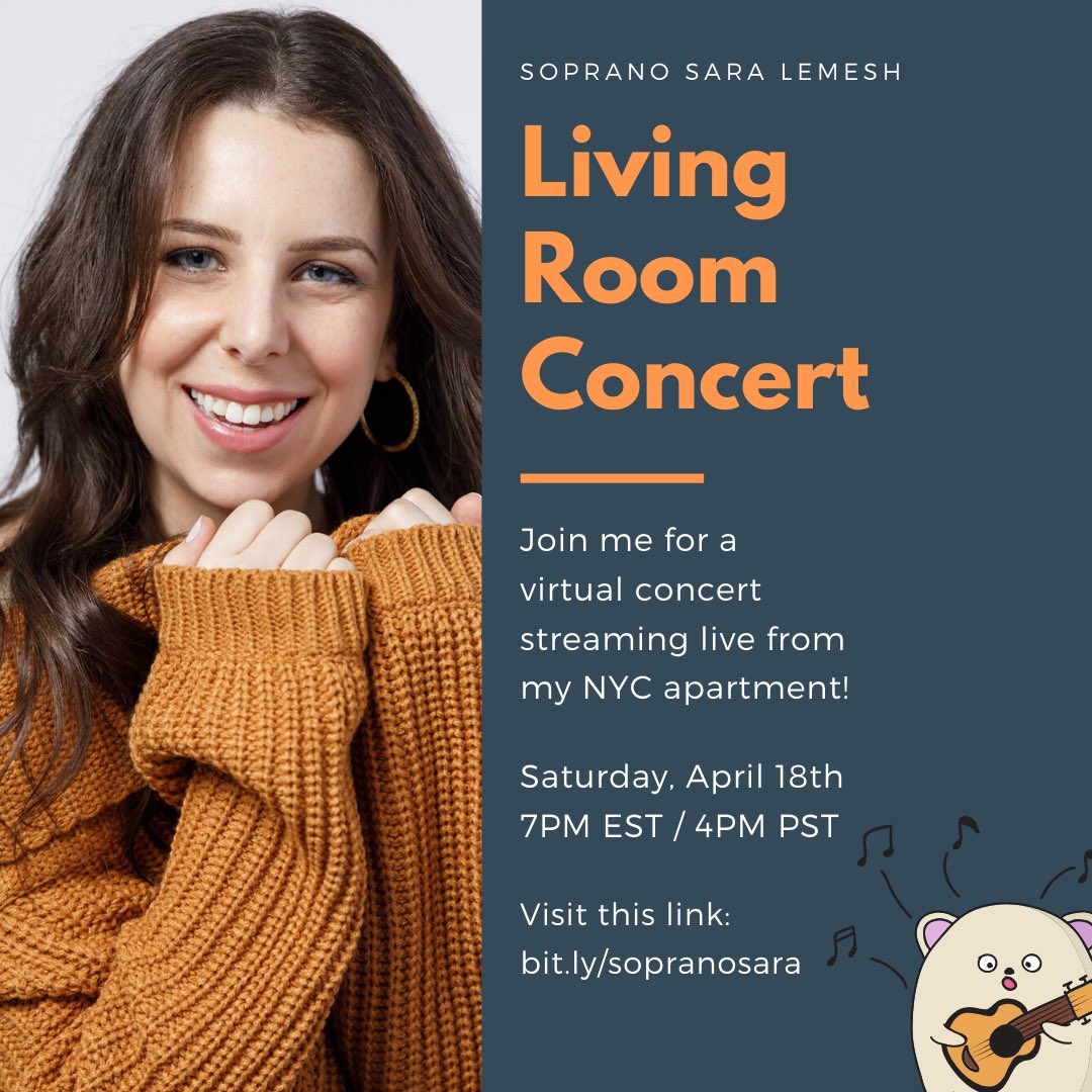 saralemesh's tweet photo. Hi, internet friends! I’m hosting an online concert with @zoom_us from my living room next Saturday, April 18th at 7pm est (4pm pst). Visit https://t.co/699NdmgnIG next week to join! #virtualconcert #artinquarantine #musicinisolation #ArtInIsolation #livestreaming #videoconcert https://t.co/6N5mSWwBjl