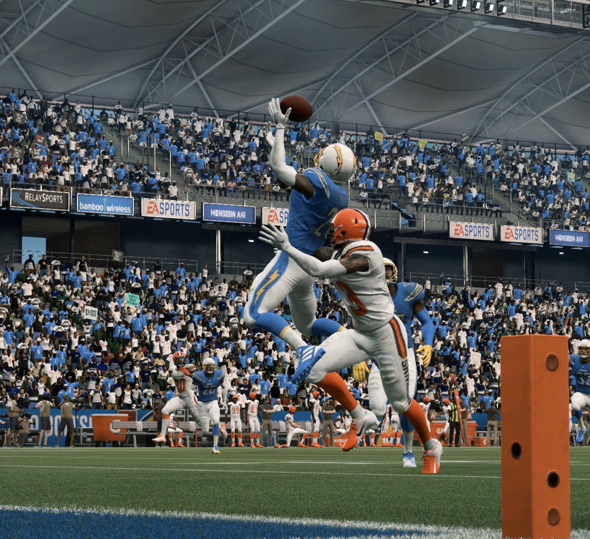 AJML_Chargers's tweet photo. Three interceptions off Baker Mayfield, including this dime from Kindle Vildor, leads us to a 28-24 victory over the Browns!

We sit at 9-3 as we come down the home stretch of the regular season! 

#BoltUp 
@AJML_Network https://t.co/GzGyaqxF8X