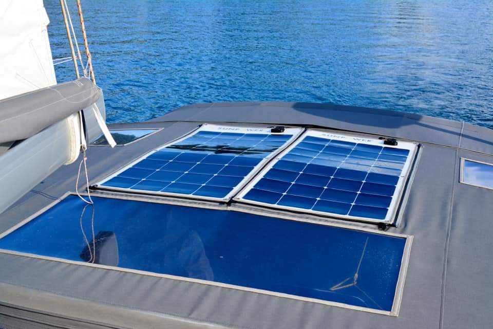 Tidy install of 2x110W SunPower flexible solar panels up on the bimini of a Dufour 360GL @_DufourYachts_ @SunPower #solar #SunPower #Dufour #gogreen #cleanpower #renewables #boatsteady