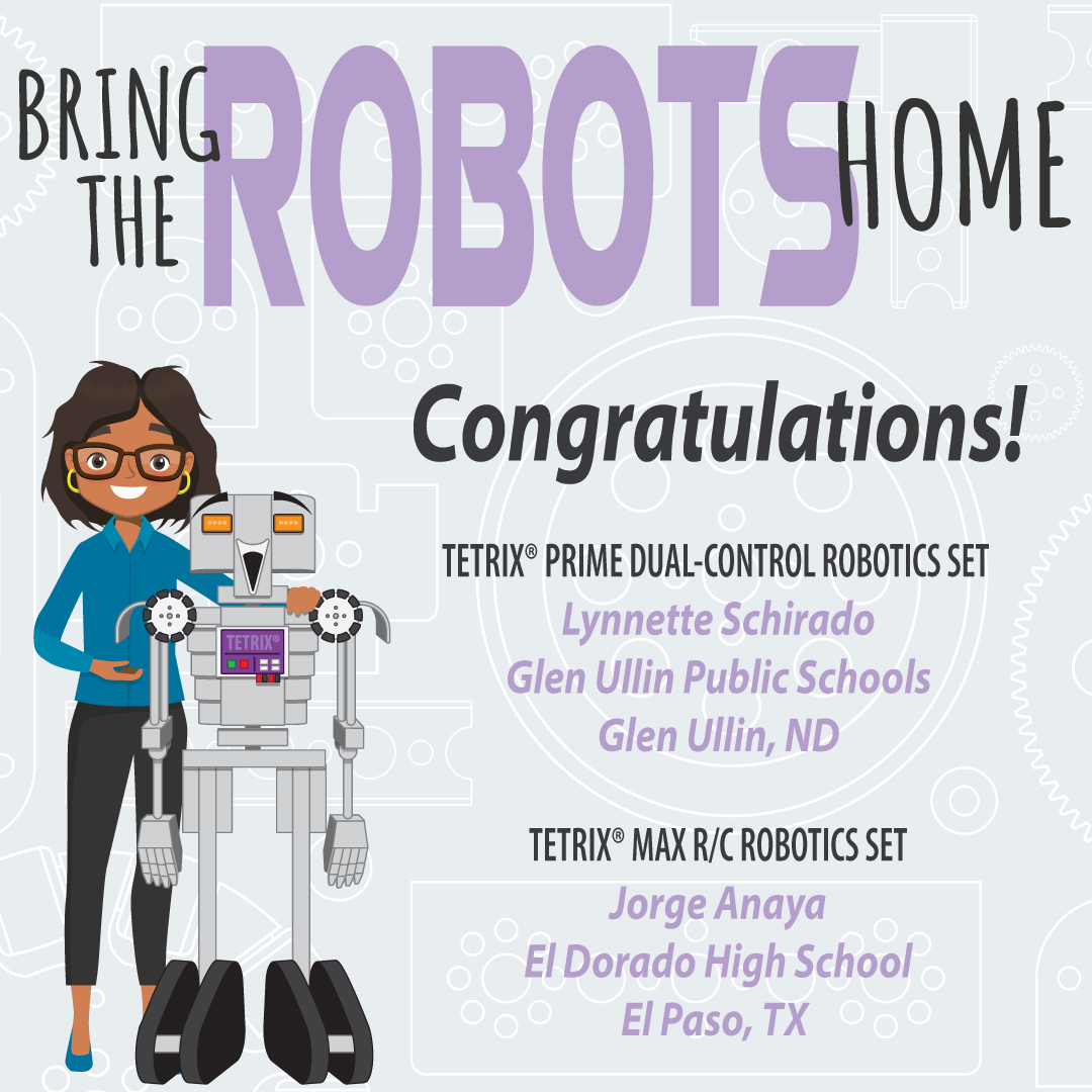 pitscoed's tweet photo. #NationalRoboticsWeek is ending with a 💥– it's time to #buildabetterbot!
🤖💌📦

Congrats, Lynnette Schirado, winner of the TETRIX PRIME set &amp; Jorge Anaya, winner of the TETRIX MAX set!
Thank you, everyone, for your participation &amp; help to #BringtheRobotsHome!

#PitscoSTEMatHome https://t.co/Ut8VFJ7A89