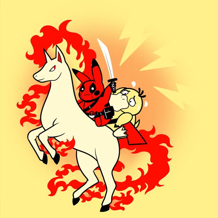 The Merc with a Mouth, #Deadpool, meets the Animated Detective, #Pikachu, riding #Rapidash. This epic pop-culture is our #nerdshirt of the week! Your's for $12.00 (on sale). Order here bit.ly/pikapool_dead