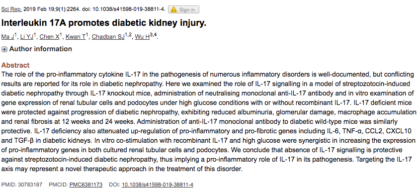 7/3)DiabetesDue to the close relationship between hypertension, obesity, kidney disease, & diabetes, unclear if this is a separate co-morbidity. Increased IL-17A is associated with secondary diabetic diseases and anti-IL-17A antibodies are being considered as therapeutics