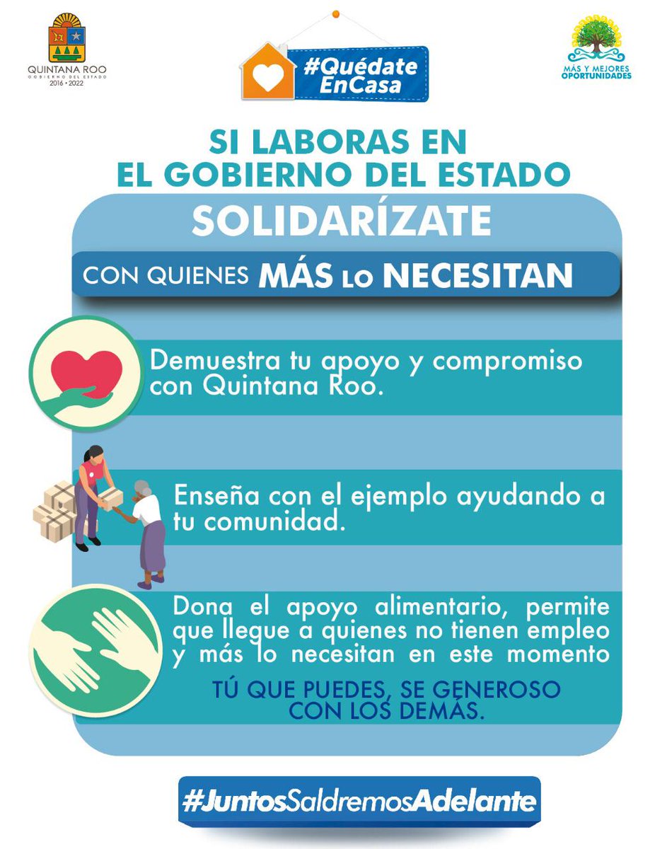 Si eres trabajador del <a href="/GobQuintanaRoo/">Gobierno Quintana Roo</a> Y llega a tu casa el apoyo alimentario, si no lo necesitas no lo aceptes. Ayudemos a los ciudadanos que más lo necesitan, sé solidario. #JuntosSaldremosAdelante
#QuedateEnCasa