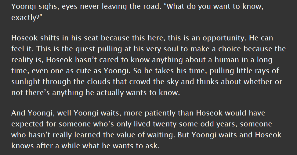 sope, t, 15.1k || magic au, road trips!!, quests!, hoseok is the god of the sun and yoongi is a rly cute human || this is a rly fun fic with a lot of good rapline dynamics and a more closed-off hobi than i'm used to seeing in a rly interesting way  https://archiveofourown.org/works/17608118 