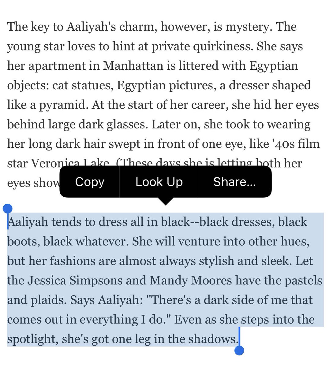 This TIME magazine article, written in 2001, refers to Aaliyah being mysterious, her sound being “gritty” and how she’s not like the other pop girls. Oh, and DARK.  http://content.time.com/time/magazine/article/0,9171,168489,00.html