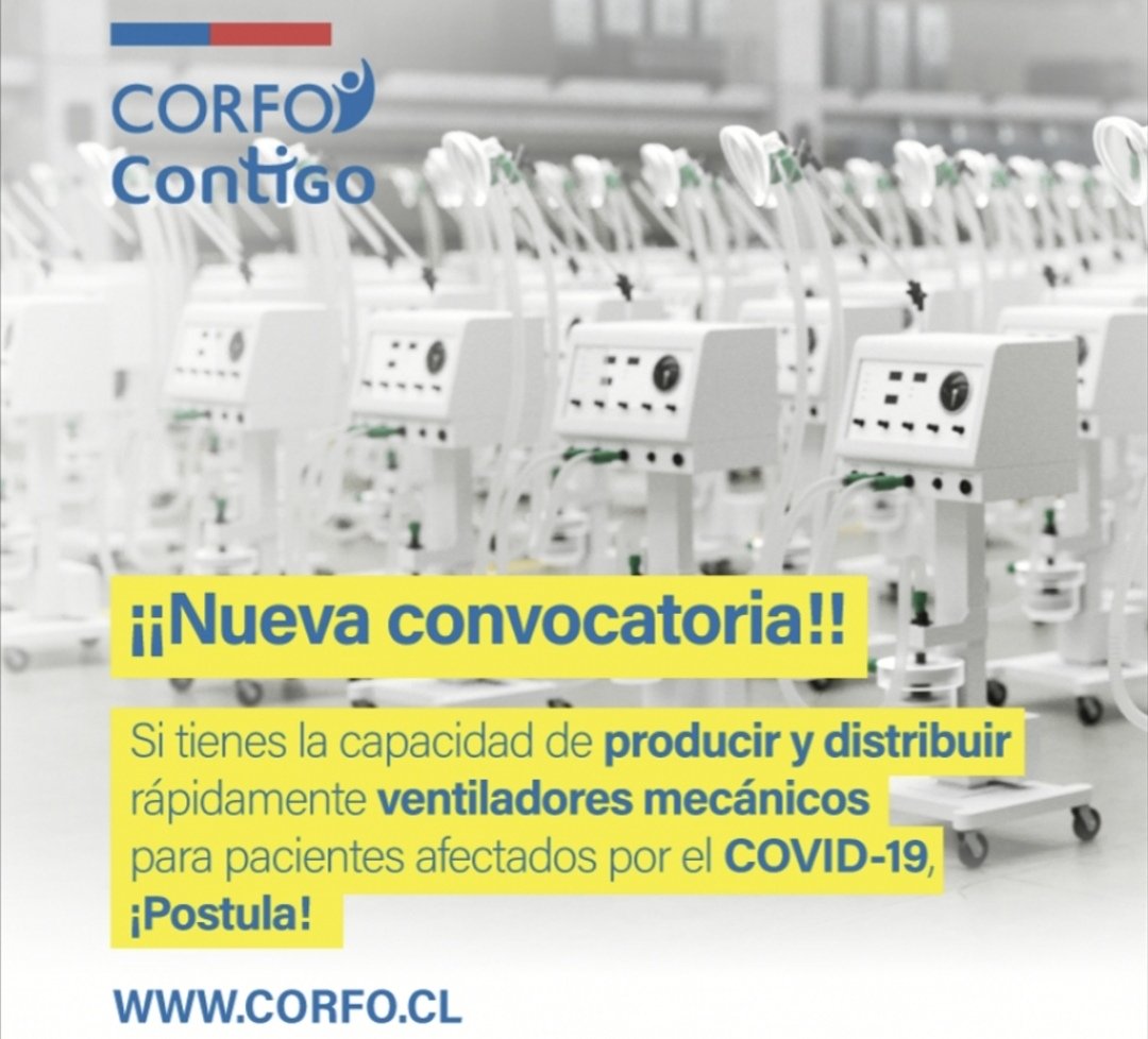 corfoaraucania's tweet photo. 🔊 Concurso Corfo para producción masiva de ventiladores mecánicos en corto plazo para enfrentar el Covid - 19 /800 millones disponibles en total.  Corfo cofinancia hasta el 90% del costo total de uno o más proyectos. @soytemuco @EcosistemaA @SeremiEconomia9 @Corfo
👇 https://t.co/jmWh1Z1Dg5