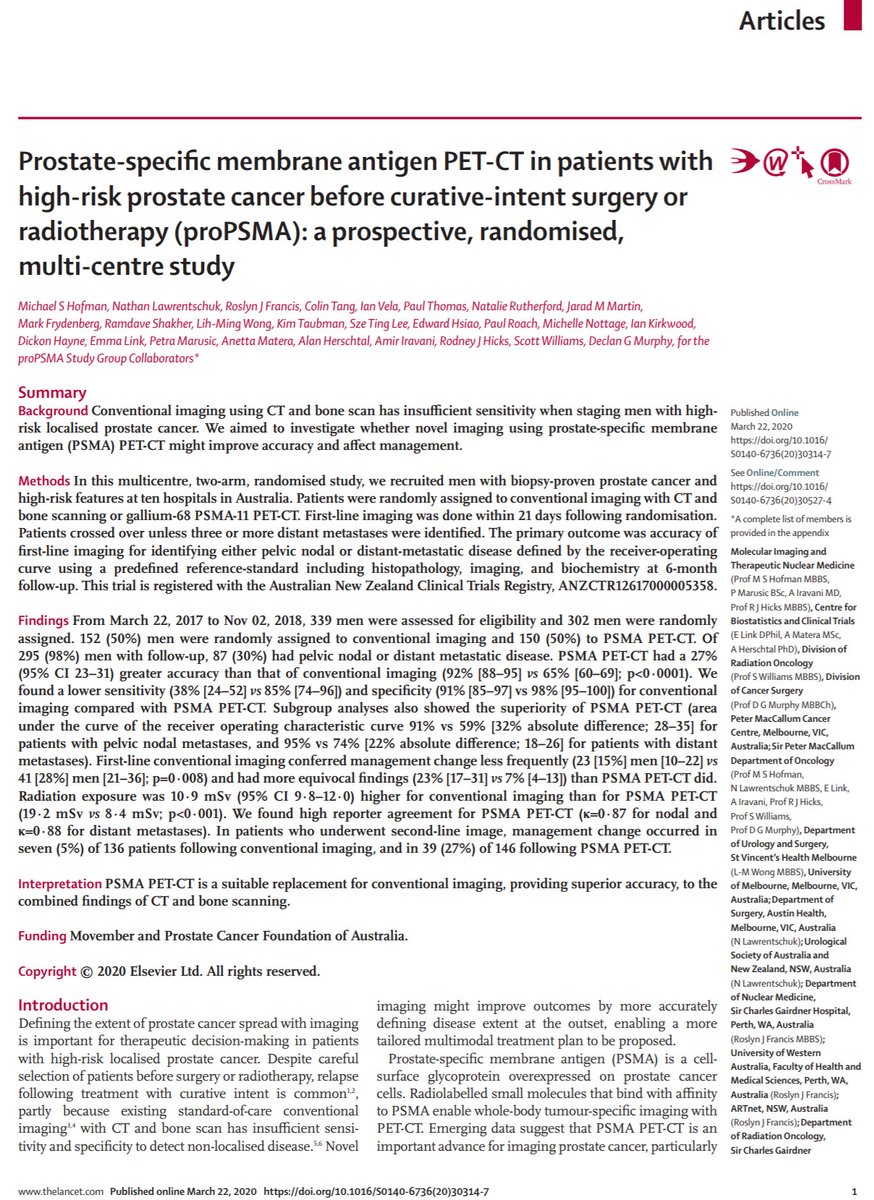 1/ The  #ProPSMA study was recently published in  @TheLancet . My first tweetorial follows...Read the full text at  https://authors.elsevier.com/a/1atNZV-4XAjqh   @Movember  @PCFA  @gu_onc  @declangmurphy  @lawrentschuk  @SNM_MI  @ANZUPtrials