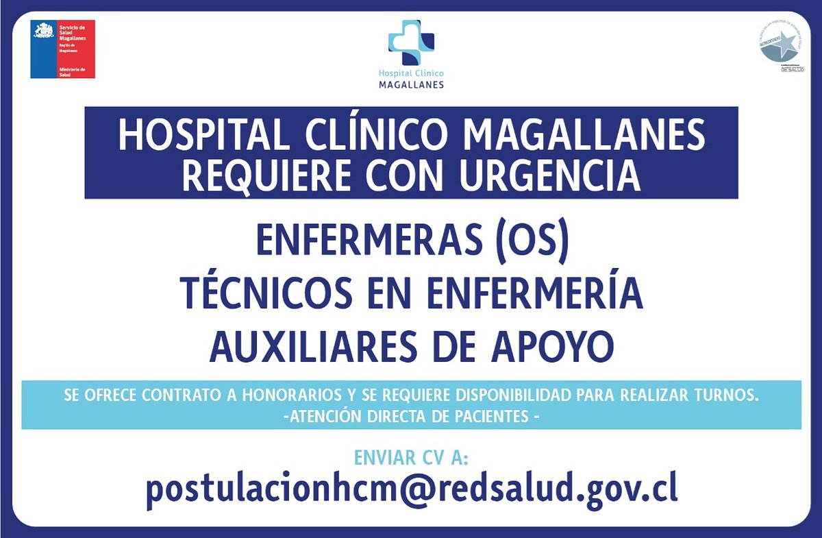 🏨🏨📢📢

Se requiere:
🔵 Enfermeros(as)
🔵Técnicos en Enfermería
🔵Auxiliares de apoyo

#Magallanes

Más info 👇👇👇
