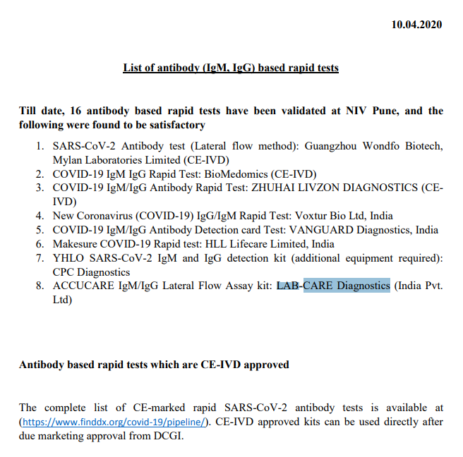 UPDATE - One more Indian AntiBody based fast test kit is validated, taking total validated kits to 8 with 5 among them from Indian companies.The latest kit from LAB-CARE Diagnostics is from Mumbai. https://twitter.com/nileshjrane/status/1246544043137327104?s=20