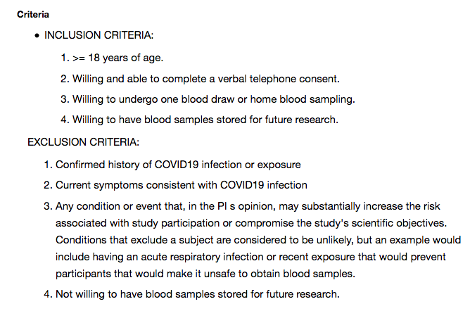 2. Inclusion/exclusion criteria. I'm a little unclear if they are recruiting nationwide. If people are local to the NIH they will have blood drawn in person but there is mention of "home sampling" with a "Mitra®Home Blood Collection Kit". https://clinicaltrials.gov/ct2/show/NCT04334954?term=NCT04334954.&draw=2&rank=1