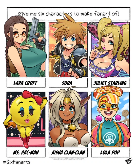 Here's my #SixFanarts thing! Thanks again for all your suggestions? Too many great choices but I settled on these folks ??

(Also, I probably wouldn't have drawn Ms. Pac-Man but my icon is based on her man so I kinda felt obligated to ?‍♂️) 