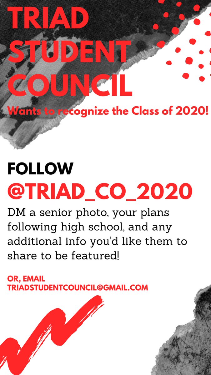 BarbourKelli's tweet photo. Given the unfortunate circumstances, Triad's StuCo is making an effort to recognize our seniors. #triadproud ❤🖤

Seniors, send in your post high school plans &amp; a photo. Go to Instagram to check out the ones that are already posted! 🥰

Kudos to Hannah &amp; Campbell for organizing! https://t.co/fOUSLZWZWc