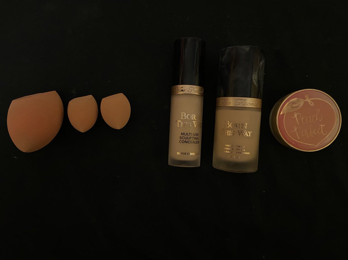 {base products} left to right: jefree star beauty blender collection, too faced born this way concealer + foundation, too faced peach perfect setting powder 