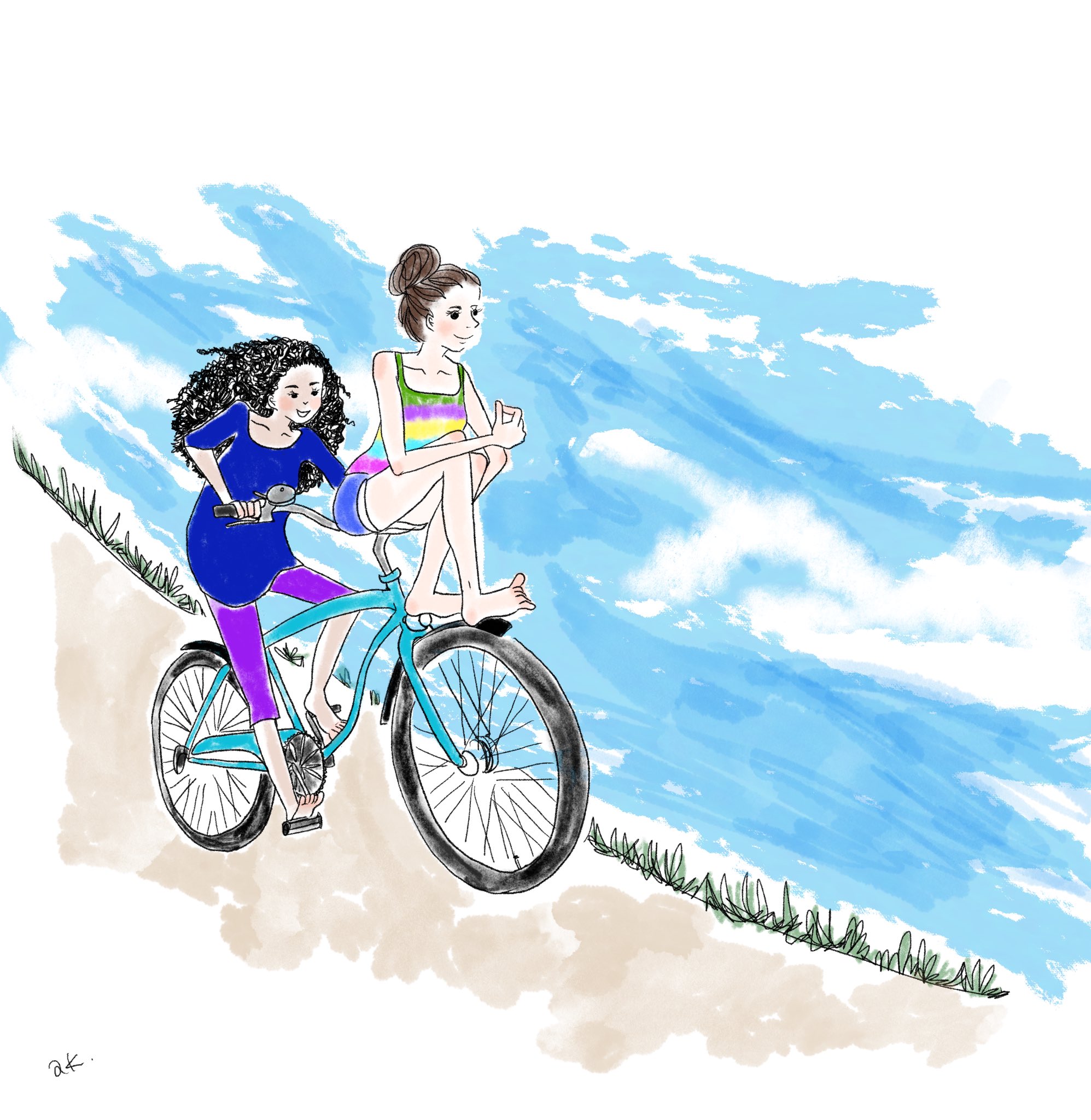かねあ ハワイの思い出 激しく波打つノースショアで 独特な2人乗り自転車で通り過ぎてくかわいいロコガールたち これが原風景の人生 と少し衝撃うけた Illustration Illustrator Hawaii Locogirl Northshore Ihearthawaii イラスト