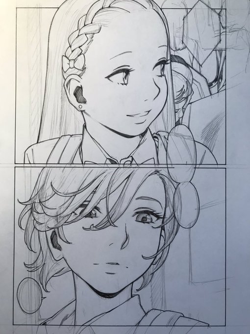 主な線が完成。先に全ページをこのレベルでペン入れして、髪のディテールとか背景は最後にまとめて描きますよ。 