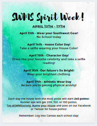 SWMiddleCowboys's tweet photo. Please join us this week for our 2nd Spring Spirit Week. Tag #SWMSstrong , Name your House and post to our Facebook or twitter for house points!
Each day the house with the most posts will earn 250 points. (Runner ups will get 200, 150, or 100). Remember the House with the … https://t.co/fXcn5KdgTB