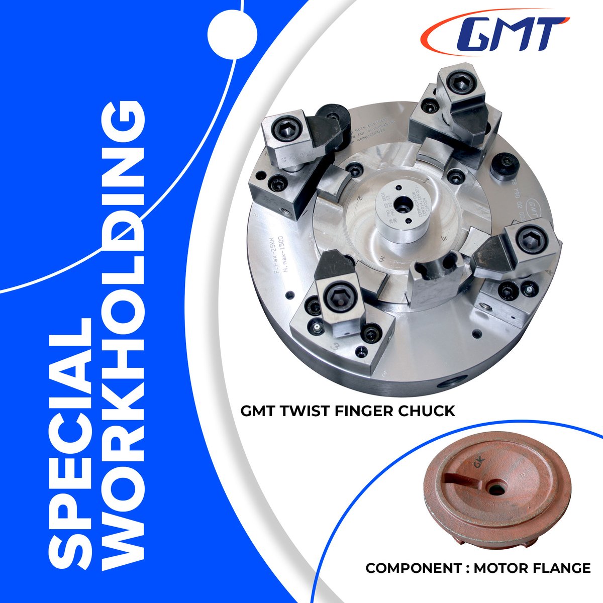 gmt_esales's tweet photo. GMT Twist finger chuck clamping the component on face with special clamping arrangement for motor flange.
#guindymachinetools #engineering #metalcutting #manufacturing #cnclathes #powerchucks #gmtchucks https://t.co/M5m556IrCF