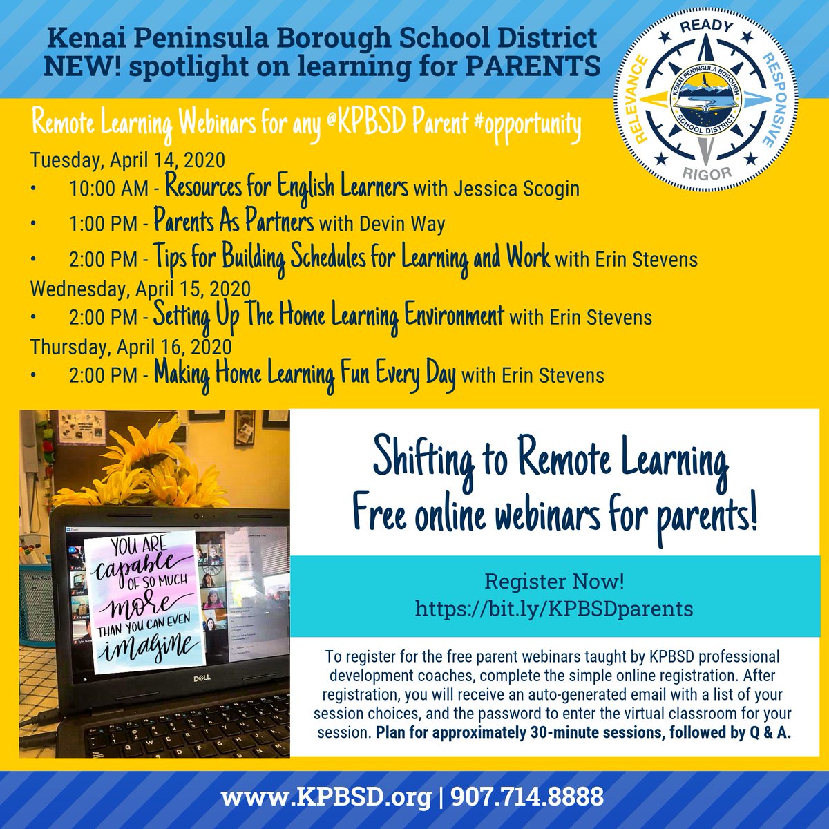 KPBSD (@kpbsd) on Twitter photo New! Our <a href="/KPBSD/">KPBSD</a> PD coaches are offering free online webinars for our parents & guardians to support the student shift to remote learning. Webinars begin April 14, 2020, and registration is open now! #AKlearns
Read the full details and register today: communications.blogs.kpbsd.k12.ak.us/2020/04/10/kpb… New! Our <a href="/KPBSD/">KPBSD</a> PD coaches are offering free online webinars for our parents & guardians to support the student shift to remote learning. Webinars begin April 14, 2020, and registration is open now! #AKlearns
Read the full details and register today: communications.blogs.kpbsd.k12.ak.us/2020/04/10/kpb…
