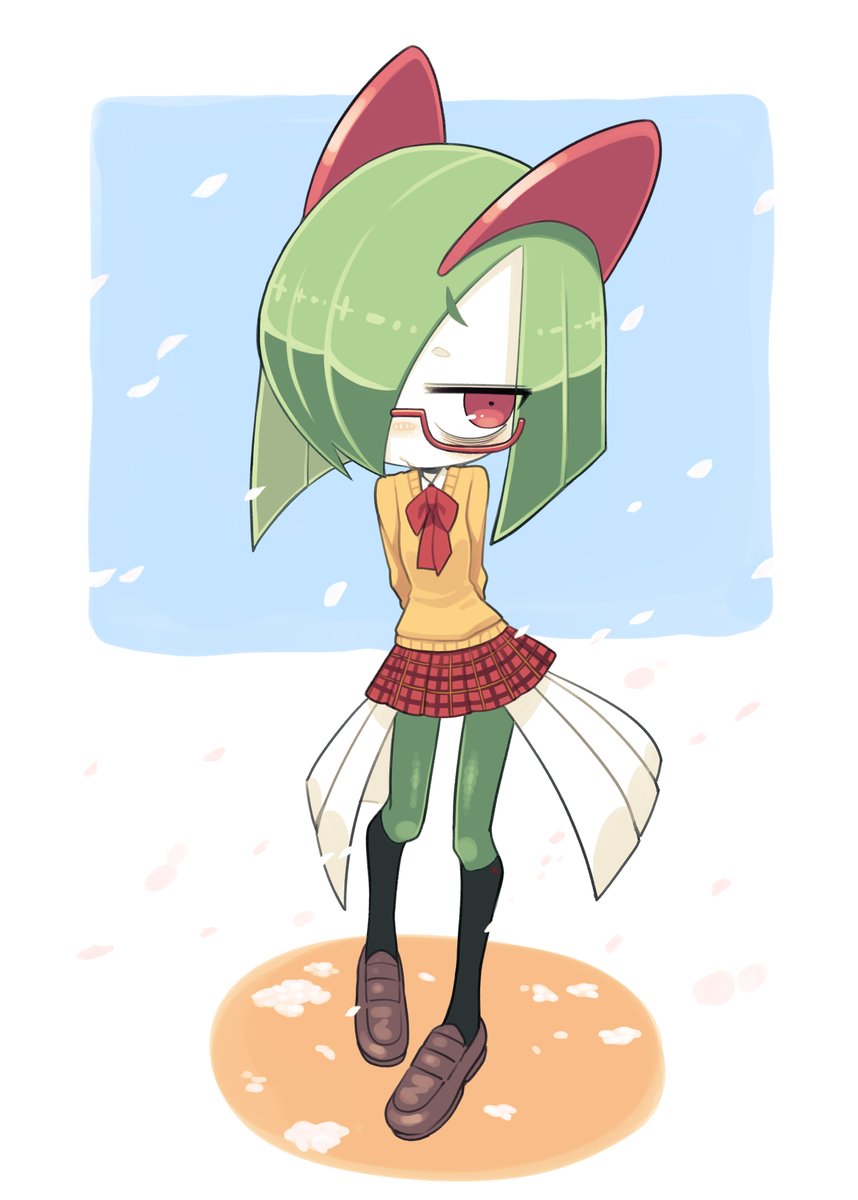kirlia 1girl solo green hair skirt red-framed eyewear clothed pokemon glasses  illustration images