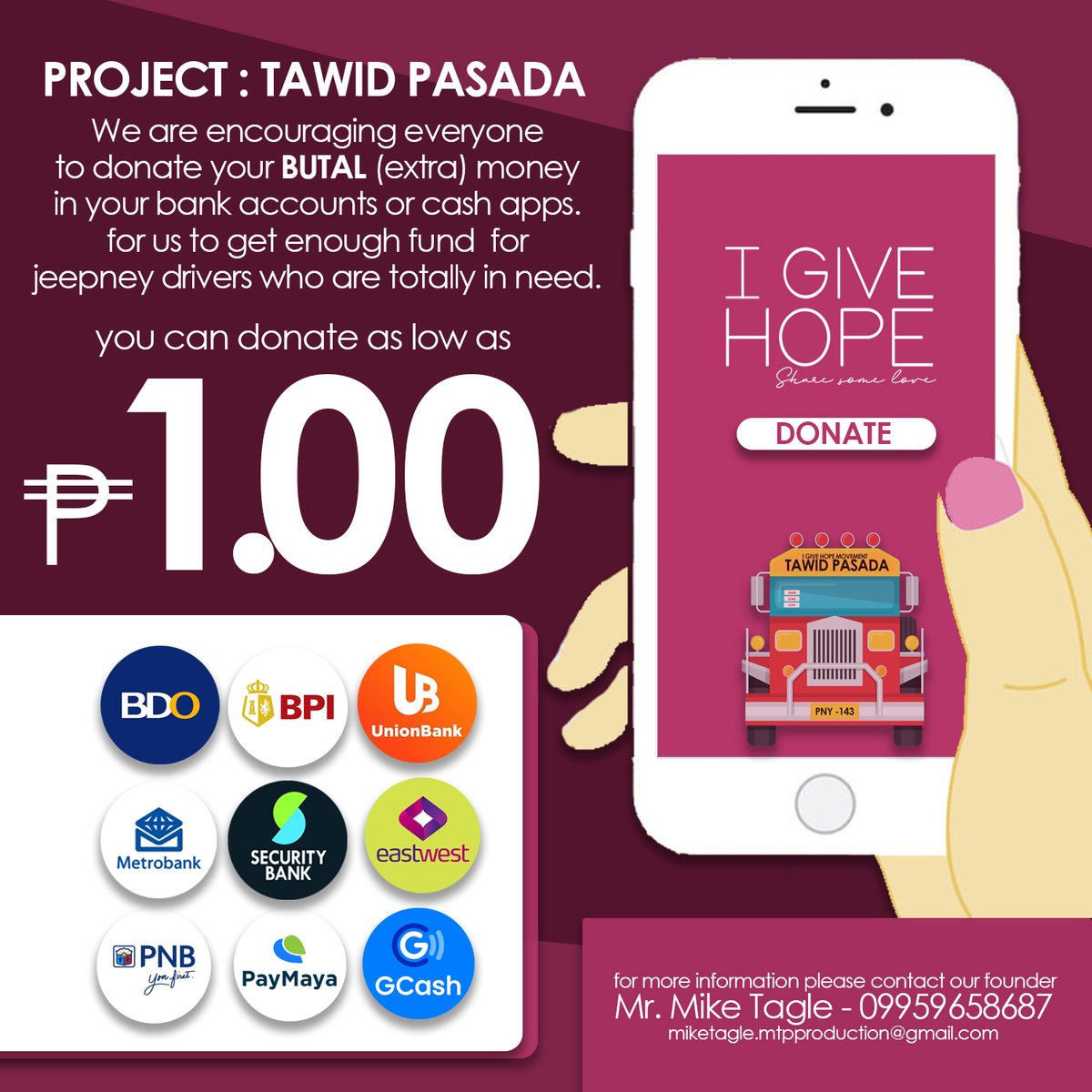 mtp_production's tweet photo. You can donate for as low as 1.00 your donation is big help to our drivers.

You can donate in any bank and cash app we have listed below. #ProjectTawidPasada #iGIVEhope #FundRaising #ShareSomeLove #iGIVEhope2020 #MTPproduction https://t.co/otkOtYppSt