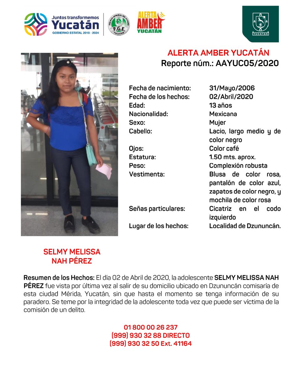 AAMBER_yucatan's tweet photo. Alerta Amber Yucatán continúa solicitando su apoyo y #RT para la búsqueda y localización de la adolescente SELMY MELISSA NAH PÉREZ de 13 años en el Estado de Yucatán. ¡Ayúdanos a localizarla! @fgeyucatan https://t.co/IO2gxASMTx
