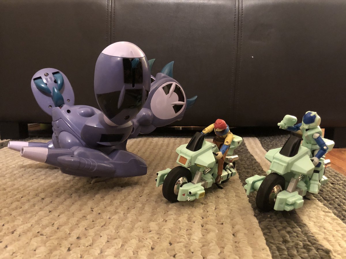 80sForNow's tweet photo. Here are the #Robotech warriors #Scott and #Rand, making their way to #ReflexPoint via #cyclone motorcycles and taking down an #Invid #Shocktrooper on the way. #Mospeada https://t.co/eZeOxAqxJW