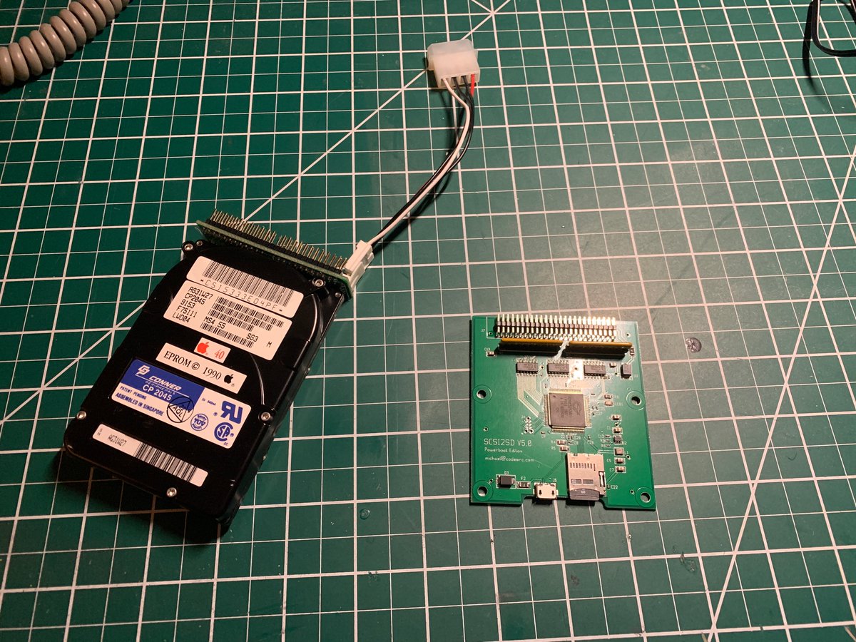 The adventure continues. The SCSI2SD, in PowerBook flavor, arrived yesterday.On the left is the original drive. You can see they share similar dimensions, but also, critically, the same teensy SCSI pin pitch.