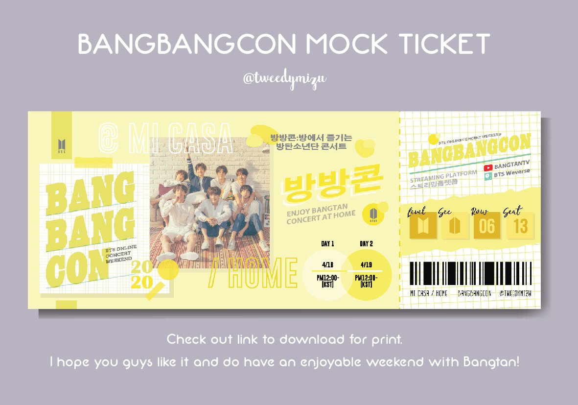 Pour avoir votre ticket:Hi guys. Here's my mock ticket design for upcoming bts online concert weekend. It's late but I finally found time to make it.  #BANGBANGCON  #BTS   . I hope you guys will like it. Download link in this thread.