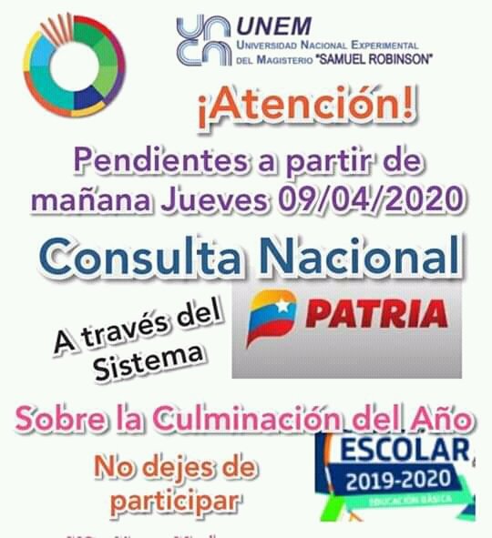 Todos a participar en la consulta "Educación a Distancia por prevención al COVID-19" #QuedateEnCasa 
<a href="/clifpdjunin2018/">@clifpdjunin2018</a> <a href="/COORDpdeJUNIN/">@defensoriaeducativa</a> <a href="/maduro_en/">Nicolás Maduro</a> @MPPEDUCACION <a href="/2018Cra/">CDCE Junín Táchira</a> <a href="/cenamec_centros/">Coordinación Nacional de los Centros</a> @