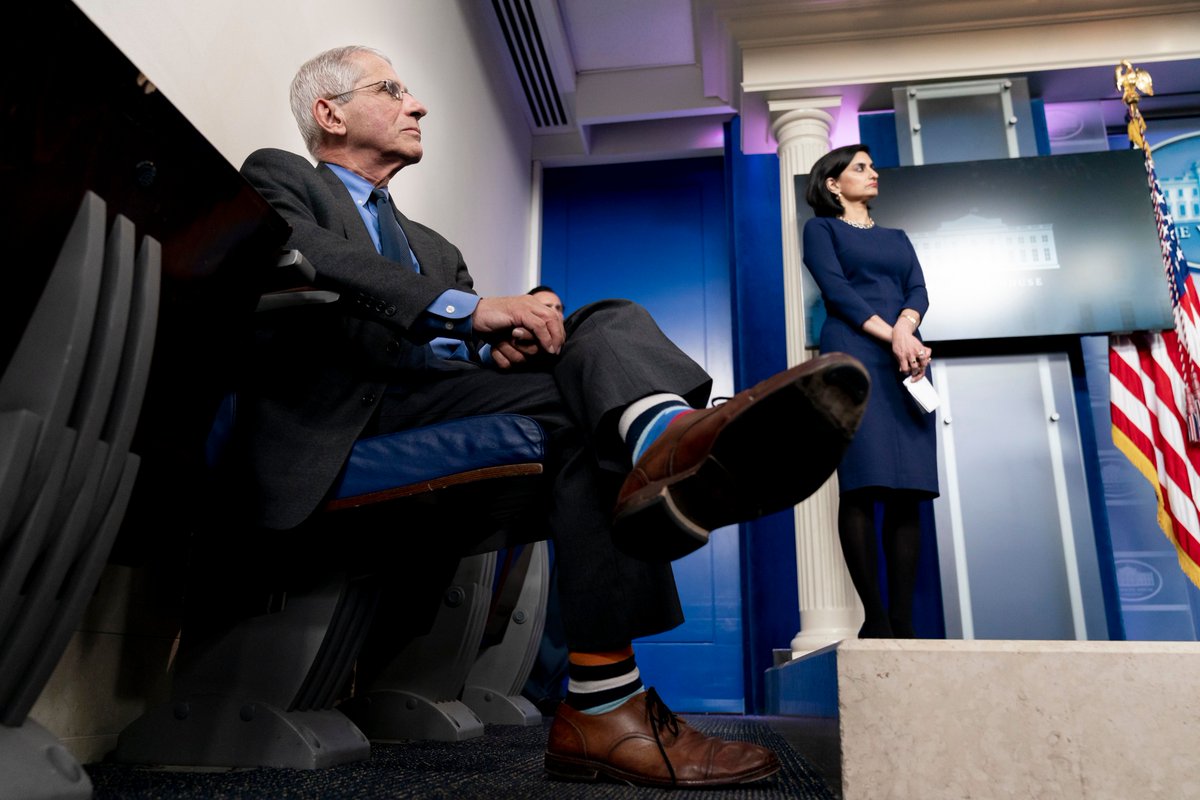 Director of the National Institute of Allergy & Infectious Diseases Dr. Anthony S. Fauci & Administrator for the Centers for Medicare & Medicaid Services Seema Verma participate in a coronavirus update briefing Tuesday, April 7, 2020, in the James S. Brady Press Briefing Room.