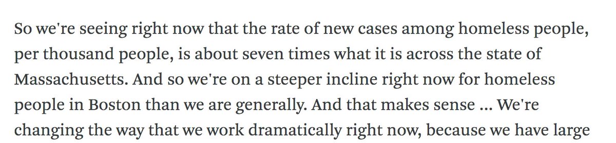 2/  #COVID19 will be more prevalent in  #homeless pops (7x higher than general rate in Mass.) MANY will have no fever/cough,even though they may transmit to others who DO get sick. We SHOULD be testing (& safely sheltering) all who are homeless  @jabarocas :  https://www.wbur.org/commonhealth/2020/04/06/massachusetts-homeless-covid-19-coronavirus