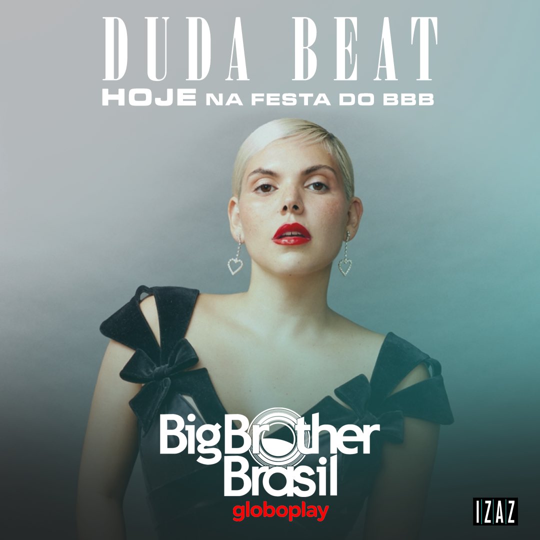 IZAZcc's tweet photo. Tá sabendo? Logo mais tem @dudabeat no @BBB! Liga no @globoplay e acompanhe a festa pra assistir a participação ❤️ #DudaBeat #RedeBBB #BBB20 #IZAZConteúdoCultural https://t.co/67MWL7L3to
