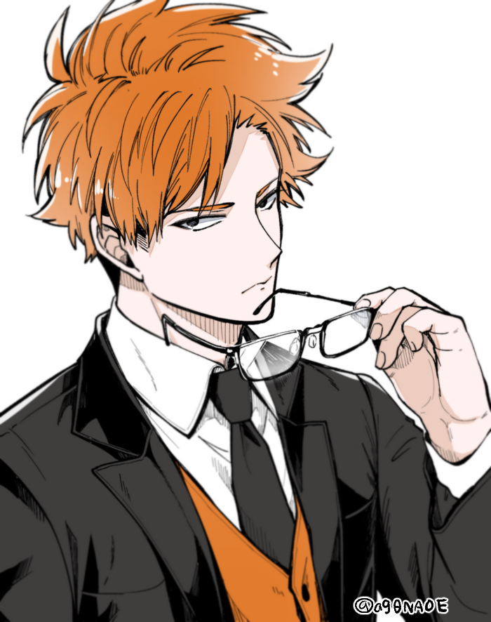1boy male focus necktie solo holding orange hair holding eyewear  illustration images