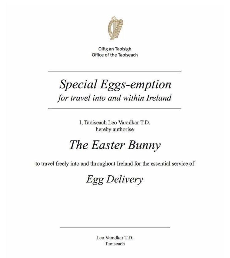 Great News for the Easter Bunny!! 🐰
An Taoiseach, Leo Varadkar has given the Easter Bunny permission to travel all around Ireland this weekend even beyond the 2Km radius 😅
After all egg delivery is of course an ‘essential service’!
Wishing all our members a safe &amp; happy Easter!