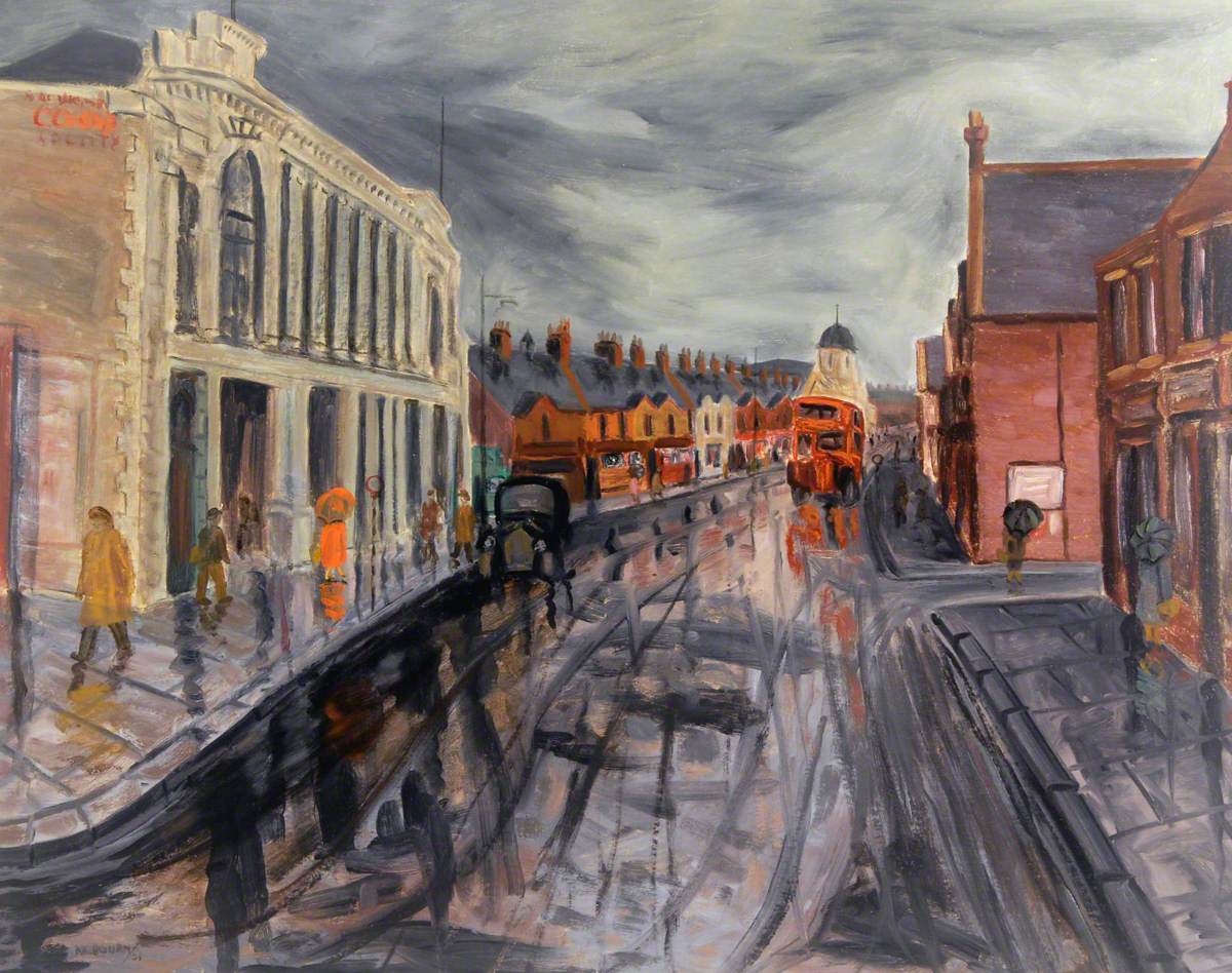 Rainy Day, Ashington Co-Op by Oliver Kilbourn. 

Recreated by one of our Customer Hosts at Woodhorn <a href="/TerriNelson93/">Terri</a> #PitmenPainters #RecreatingArt