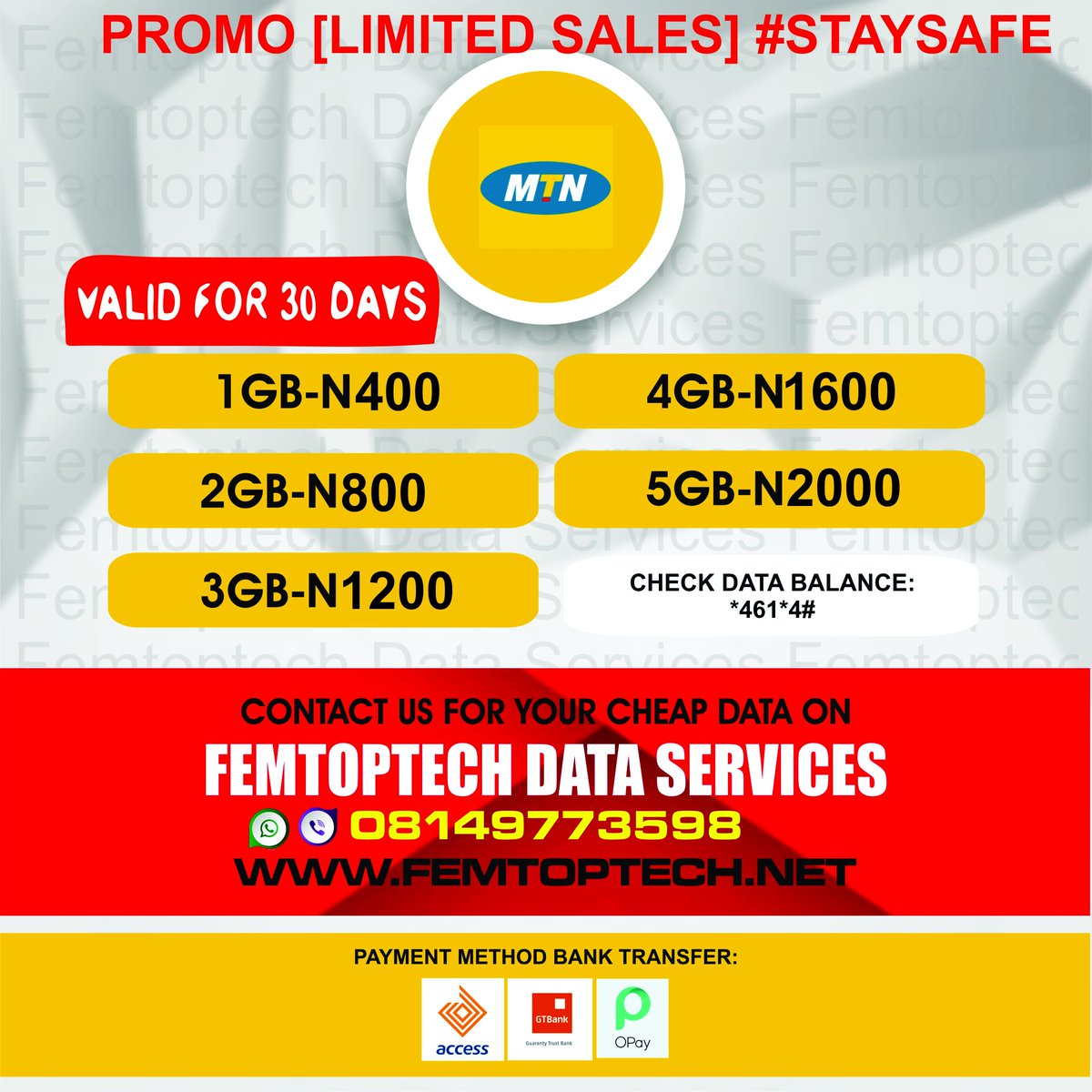 Hello, how you dey? I hope you're at home staying safe? If yes, you're doing well!!!

Come and grab our PROMO #StaySafe #StayAtHome MTN N400 per GB data offer <a href="/femtoptech/">Femtoptech</a>. (Data available for a limited time.)

Call/WhatsApp 08149773598 to get started.

RT is appreciated.