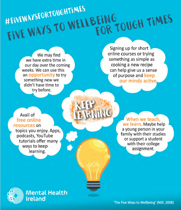 VolunteerSligo's tweet photo. #FiveWaysForToughTimes and #WellBeing by @MentalHealthIrl 
 4/5 #KeepLearning  @sligohub1  @sligococo @SligoPPN 💡📘💻 https://t.co/plPhG9oTfK
