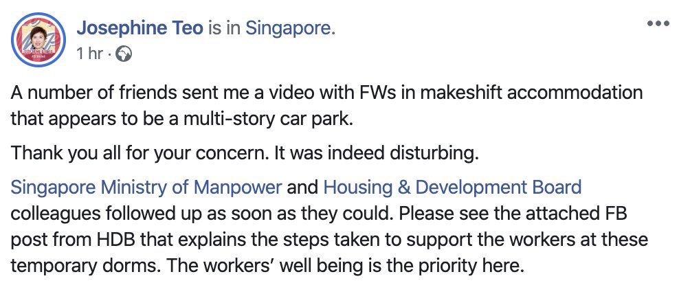 There is a bit of a jump in manpower minister Josephine Teo& #39;s comments: she acknowledges that the circulated video was "disturbing", and that her officers looked into it, but then goes straight to referencing HDB& #39;s post, which shows quite different conditions from the video.